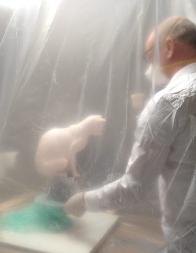 Man spraying paint onto sphynx cat