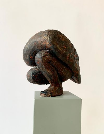 Blackbird with human legs looking under its wing